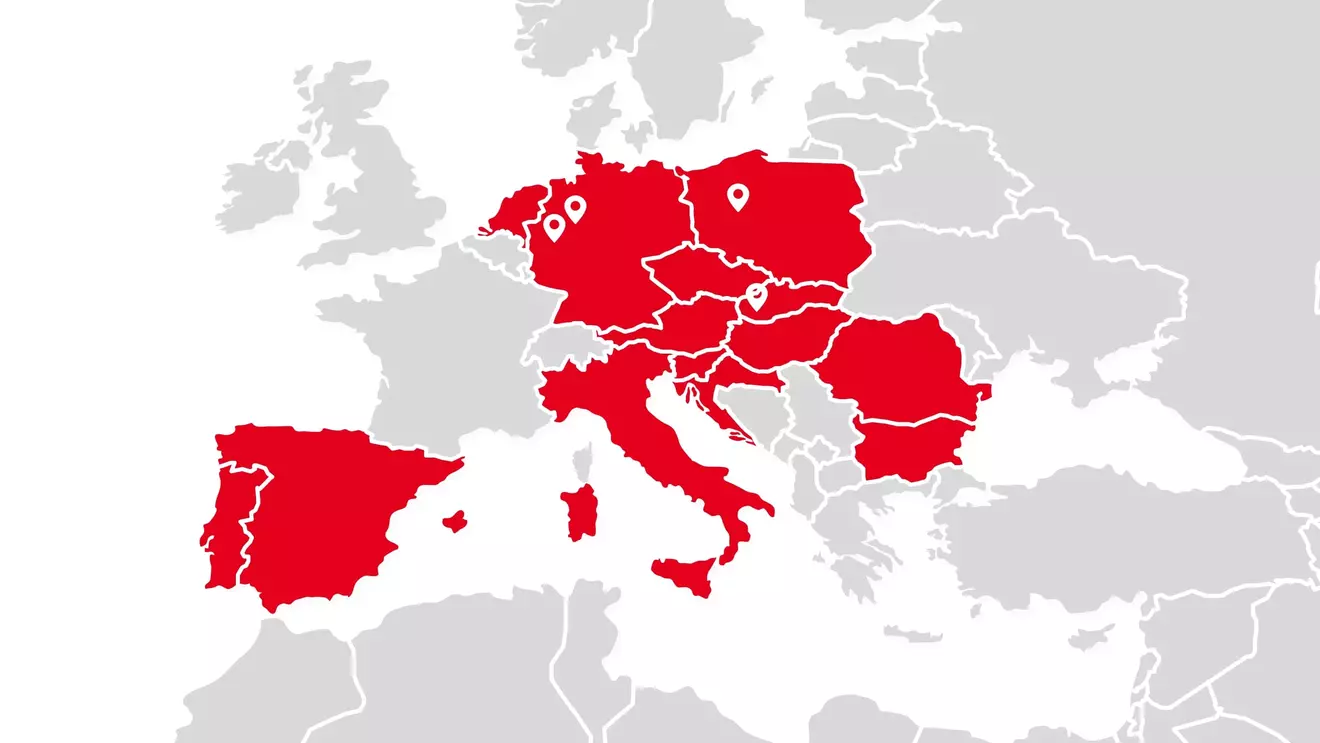 Mapa Európy so všetkými krajinami, v ktorých sa nachádzajú predajne KiK, a logistickými centrami v Nemecku, Poľsku a na Slovensku